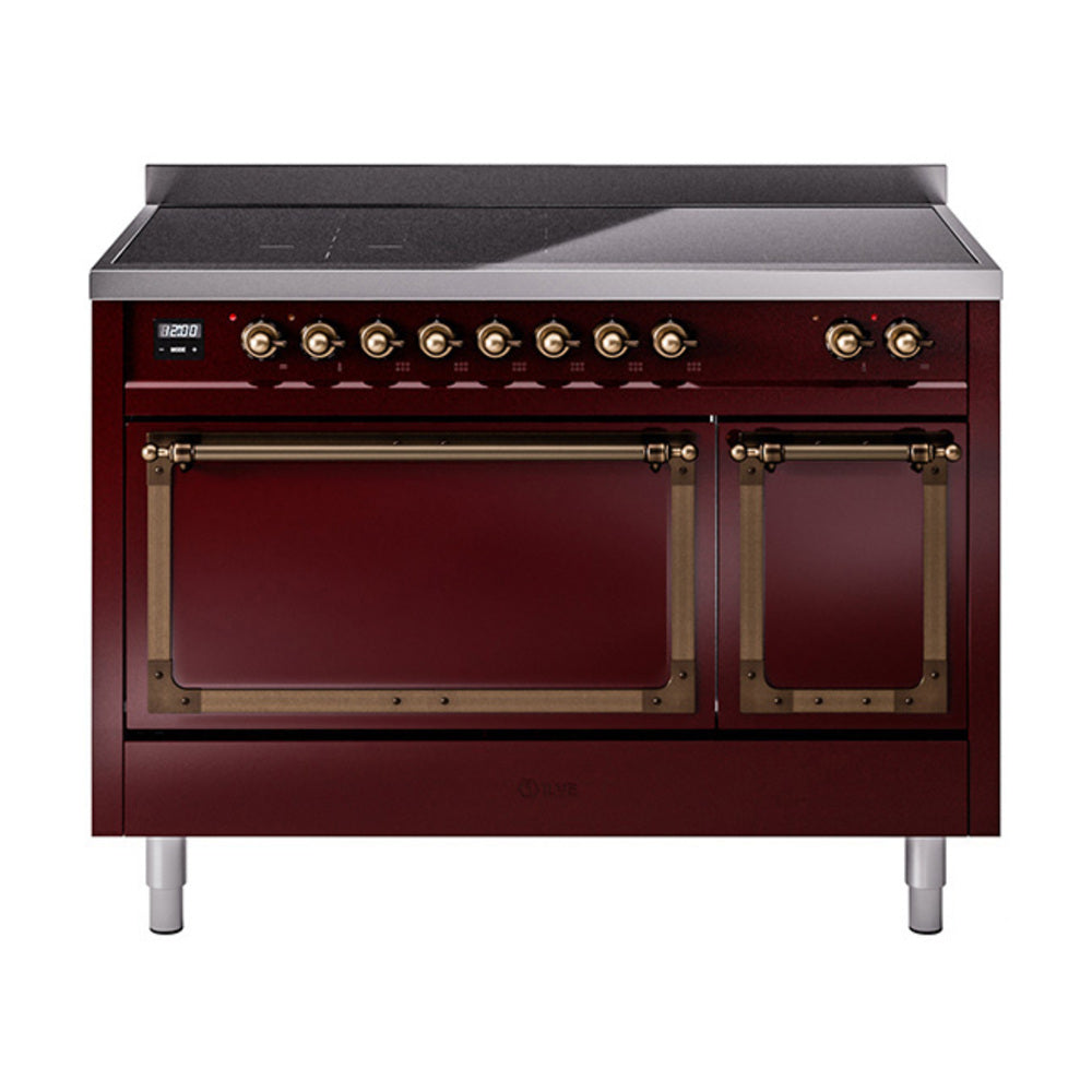 Burgundy induction range with open oven doors and bronze trim, front view