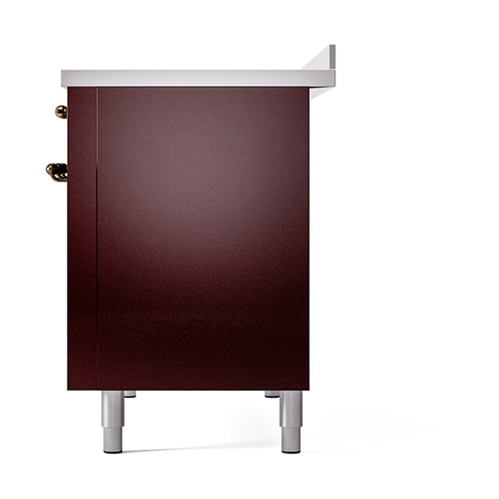 Burgundy solid door oven cabinet with bronze hinges and white feet