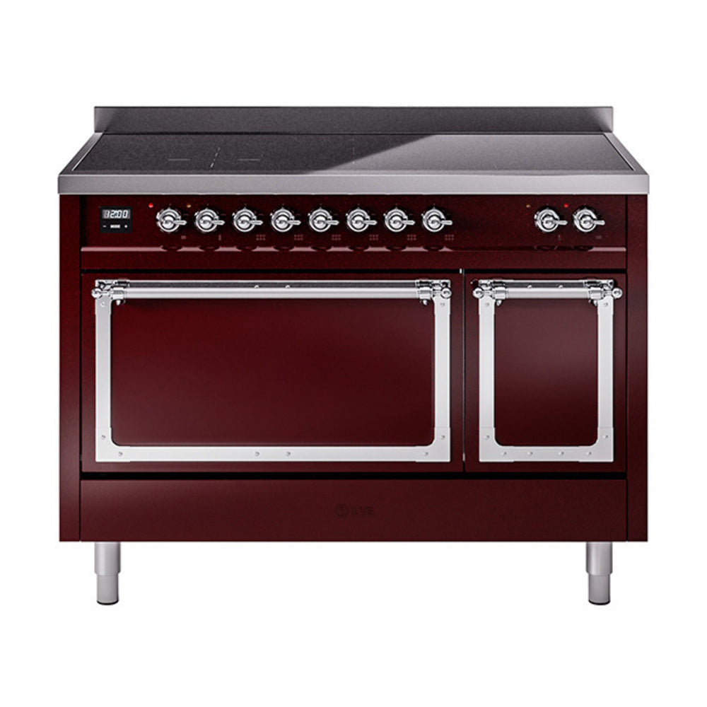 Burgundy induction range with dual ovens, chrome handles, and black cooktop controls