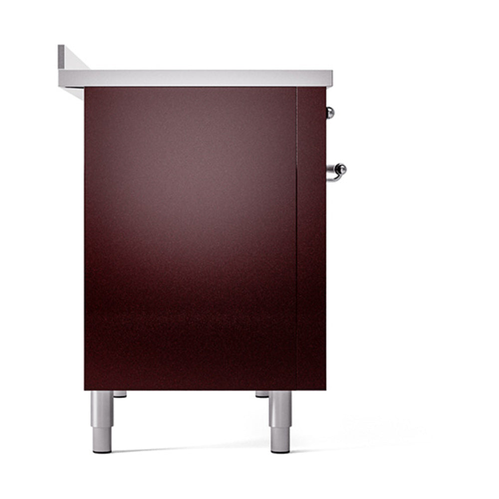 Burgundy solid door oven base with side knobs and chrome-trim leveling legs