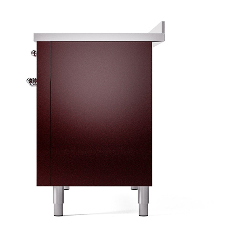 Burgundy oven front with side control knobs and chrome-trim leveling legs