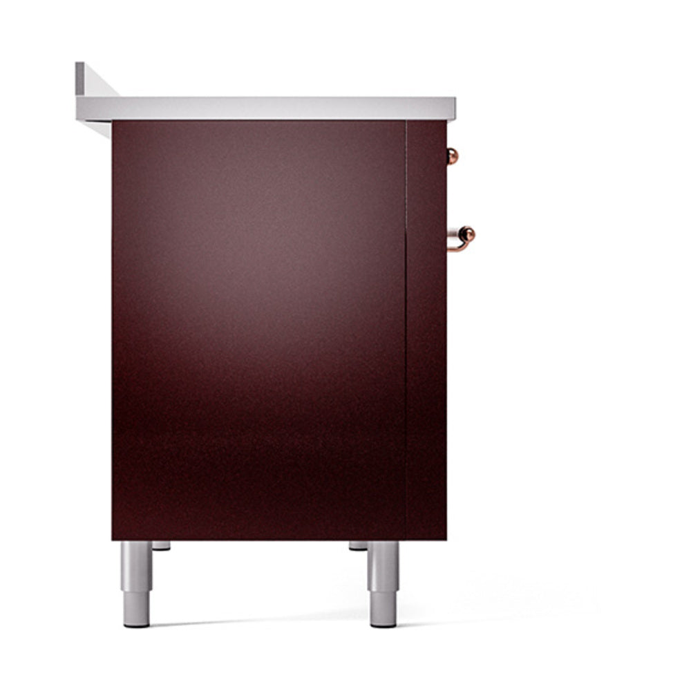 Burgundy solid door oven base with copper handle accents and four leveling feet