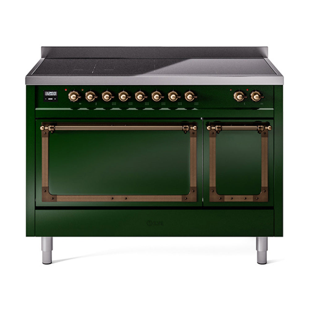 Emerald green induction range with bronze-trim knobs and double oven door handles