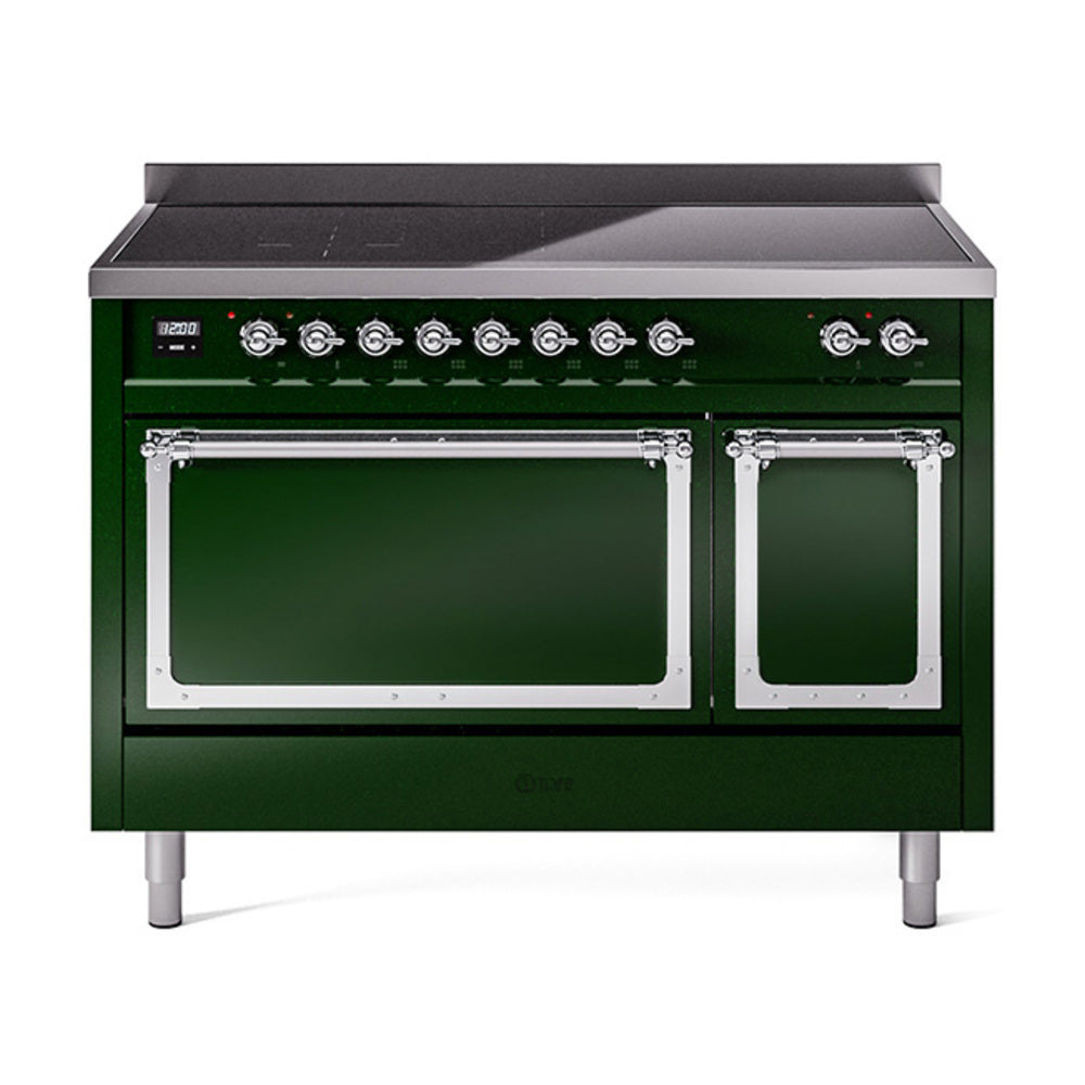 Emerald green range front with two oven doors and illuminated control knobs