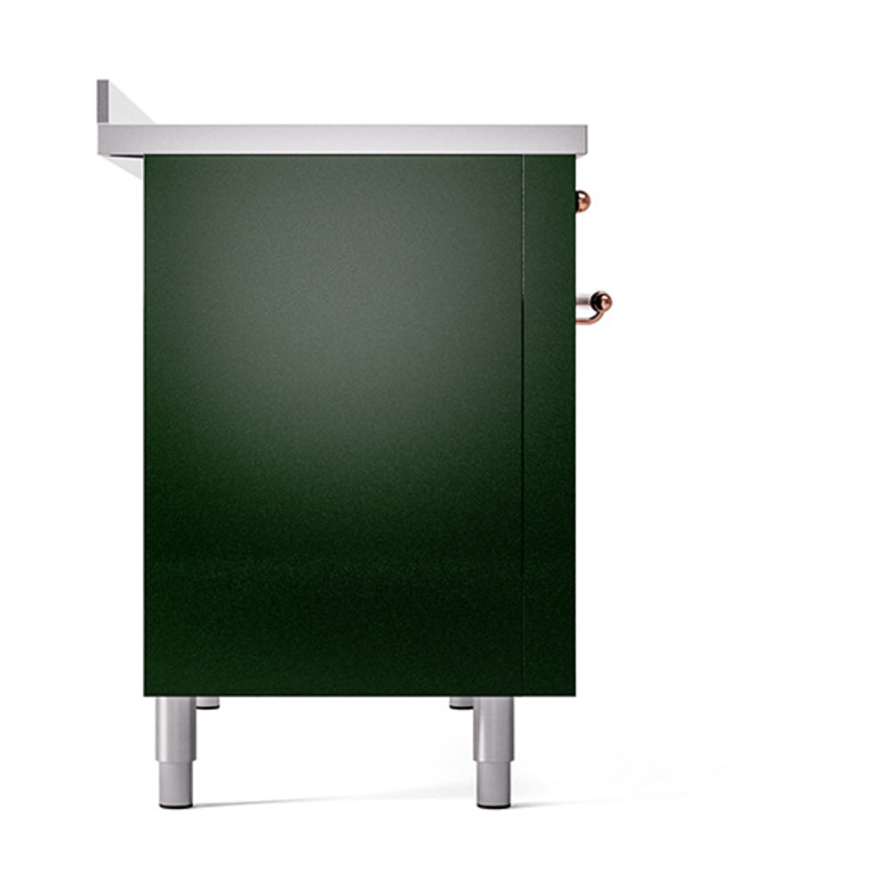 Emerald green oven cabinet with solid door and copper knob details