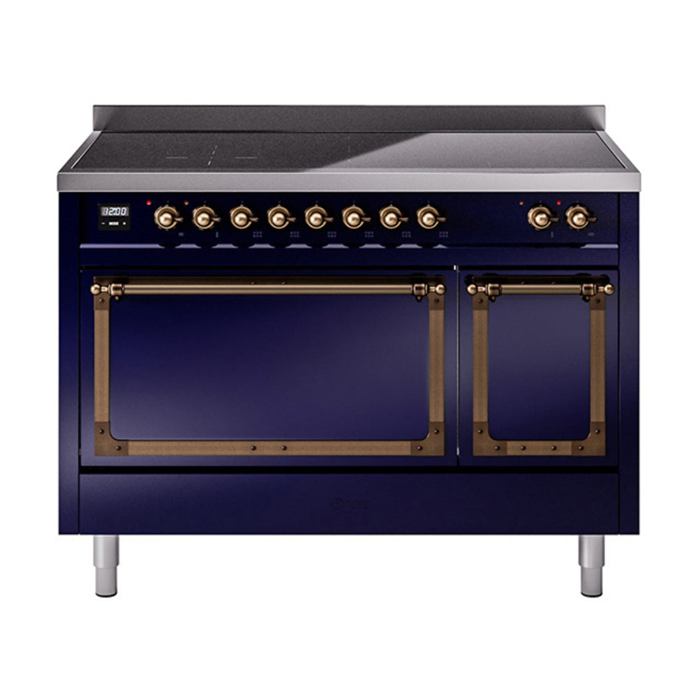 Midnight blue induction range with front cooktop controls and oven openings