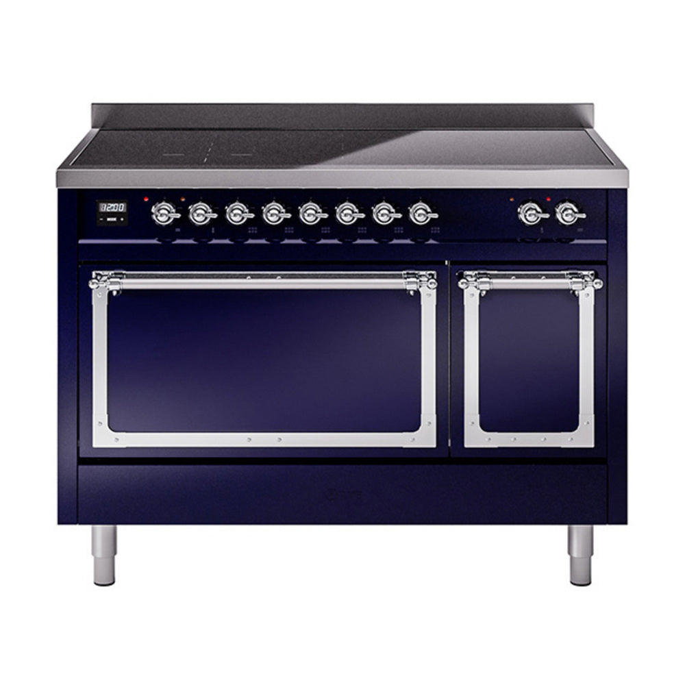 Midnight blue induction range with two oven doors and chrome control knobs