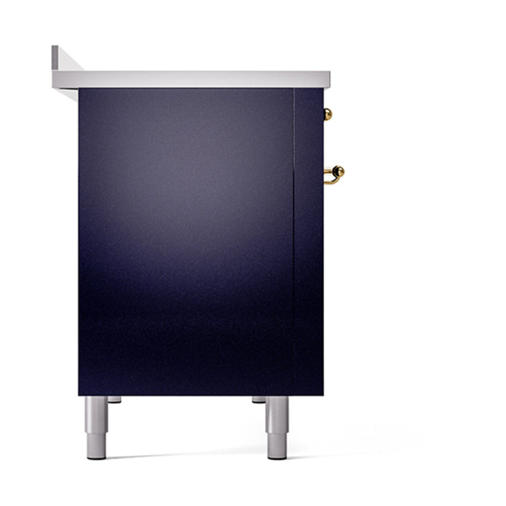 Midnight blue oven door with brass knobs and adjustable leveling feet
