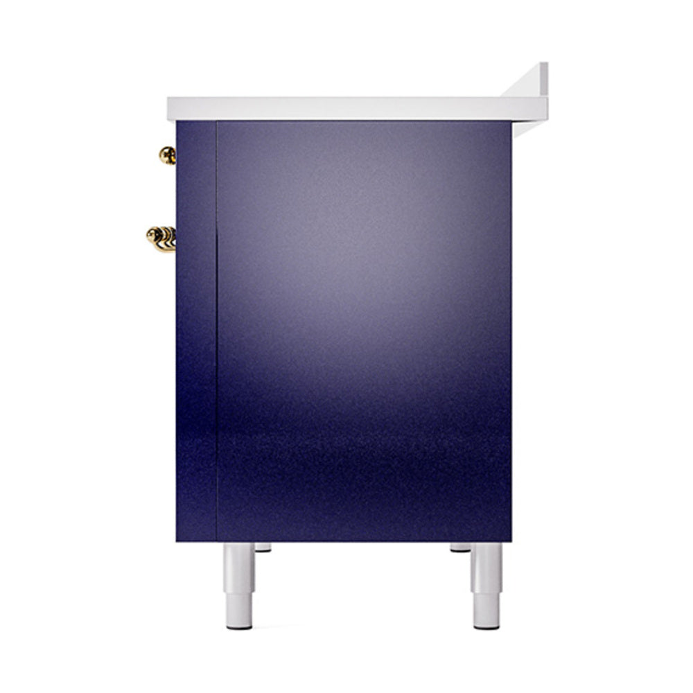 Midnight blue induction range side panel with brass handles and leveling feet