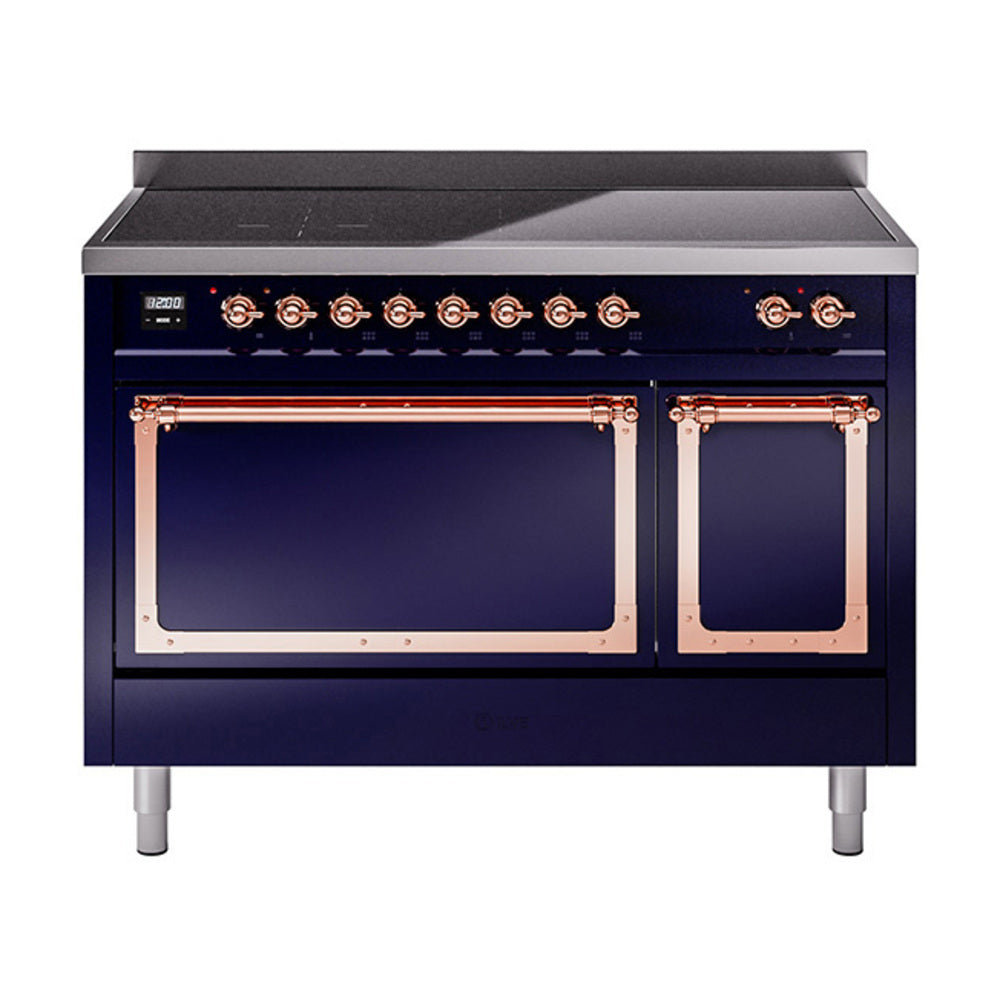 Induction range with open oven doors and copper-framed interiors, front control knobs