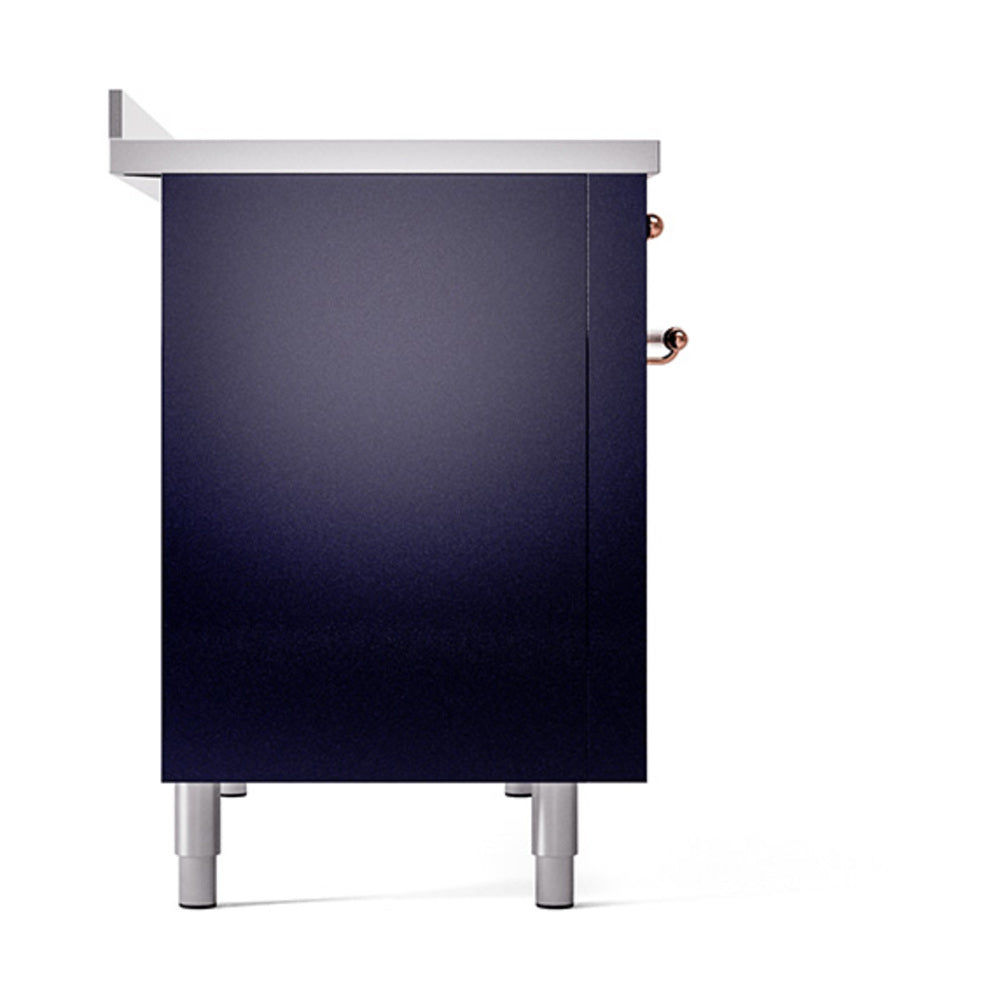 Midnight blue oven body with side knobs and copper handle trim