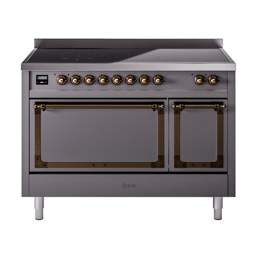 Matte graphite induction range front with control knobs and closed dual oven doors