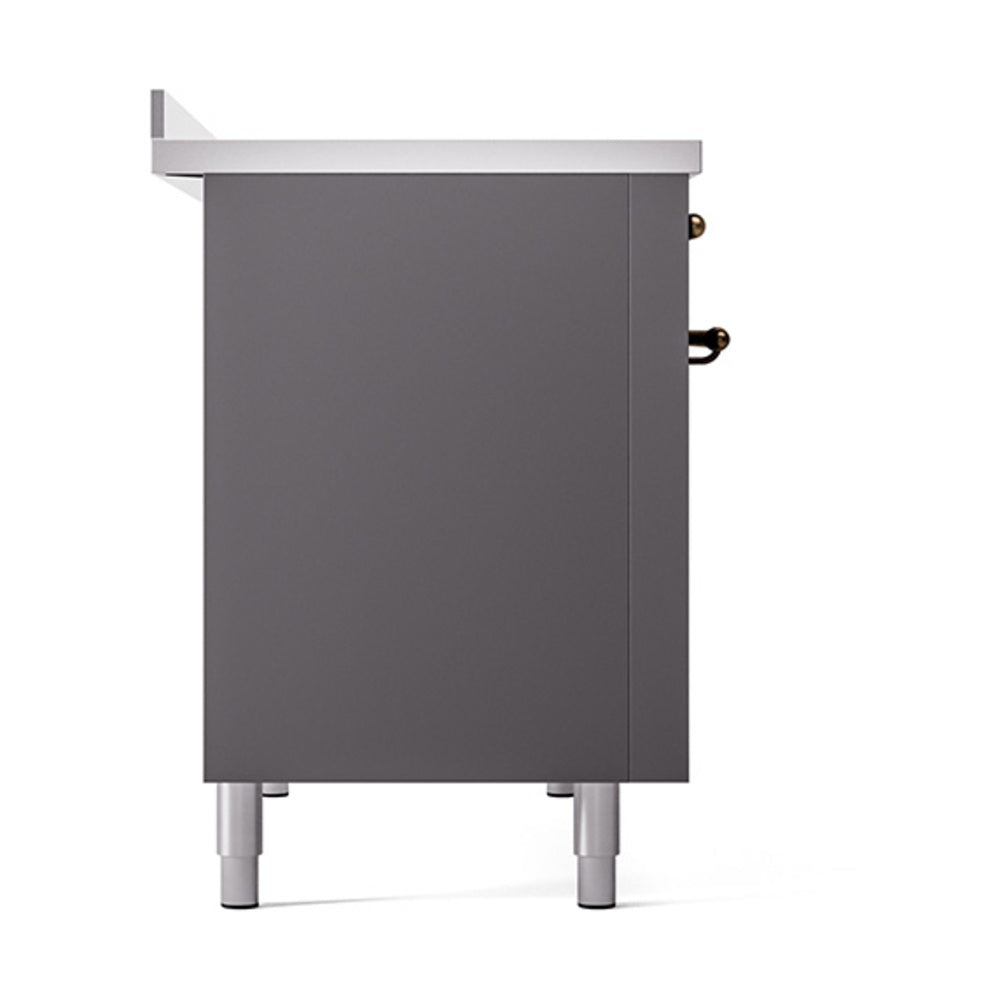 Matte graphite oven side panel with bronze handle accents and adjustable feet