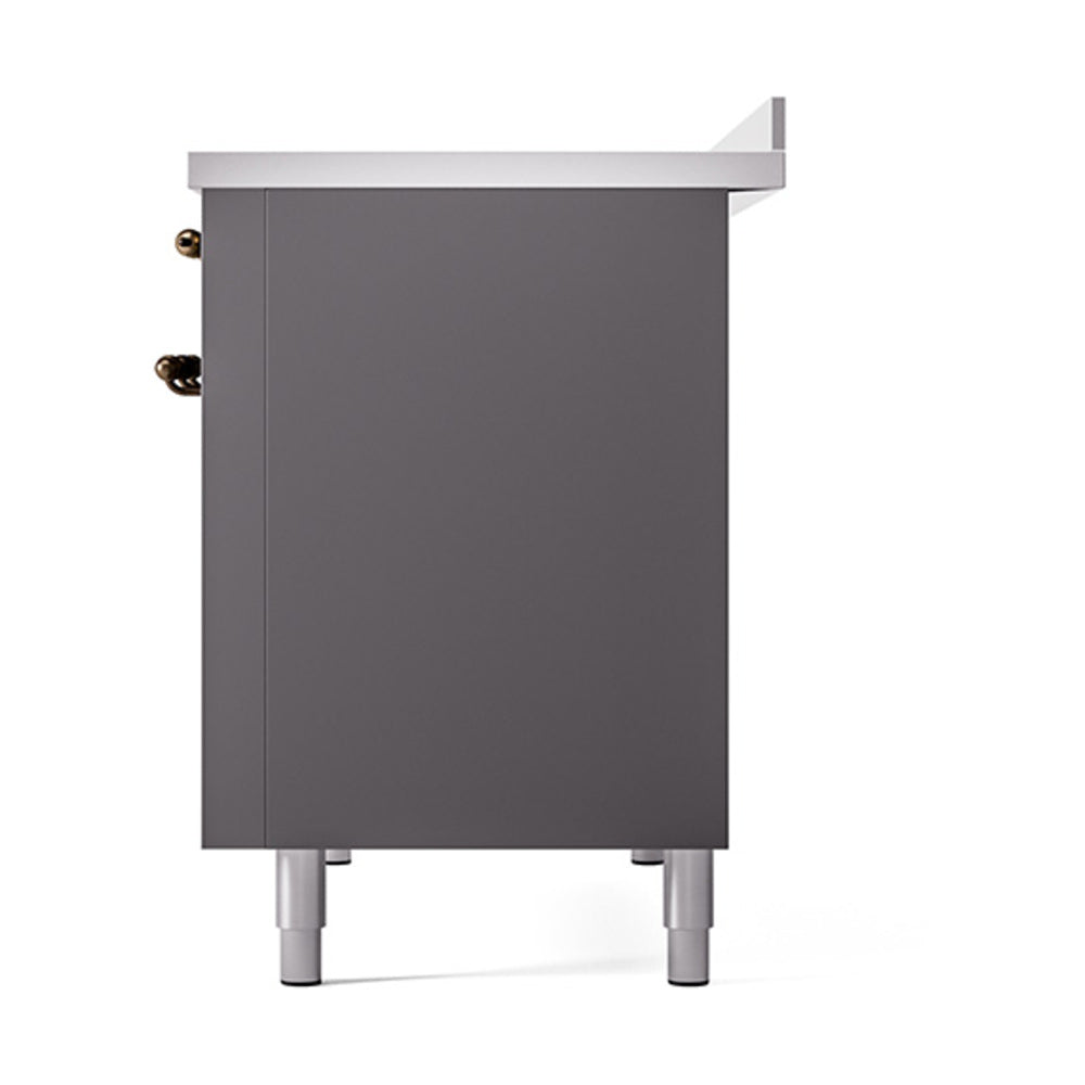Matte graphite oven end panel with bronze handle and adjustable pedestal feet