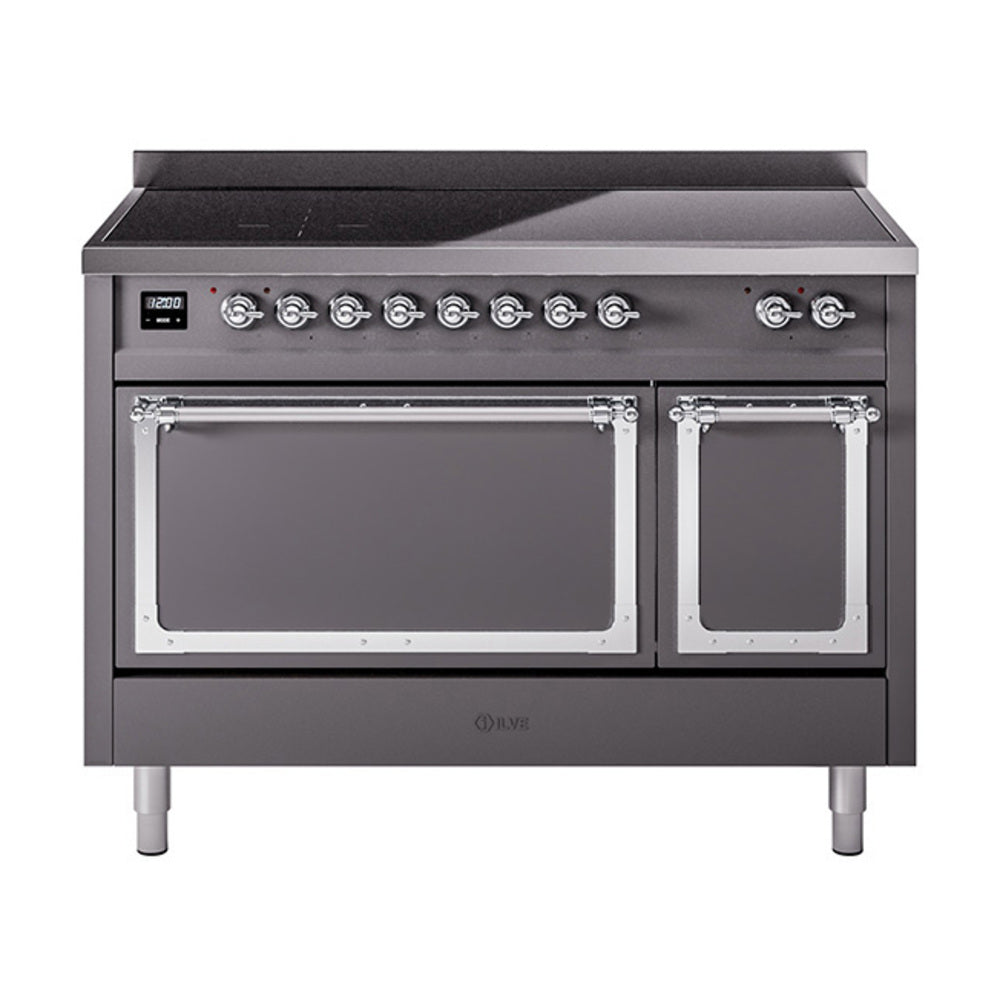 Matte graphite induction range front with control knobs and oven glass viewing windows