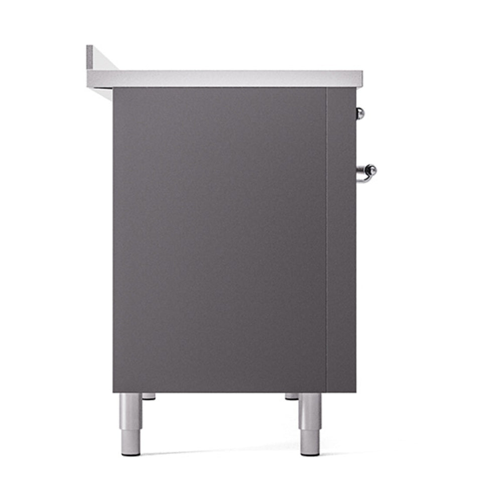 Matte graphite range side panel with chrome trim and adjustable leveling feet