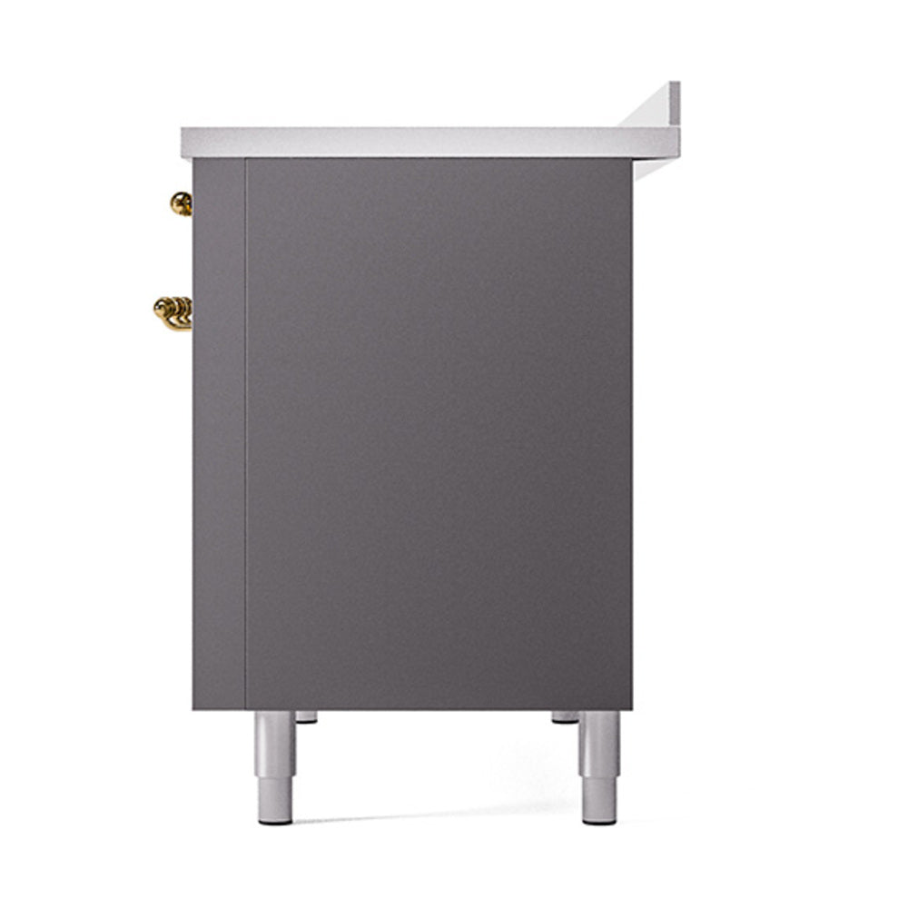 Matte graphite oven door side view with brass trim and four leveling feet