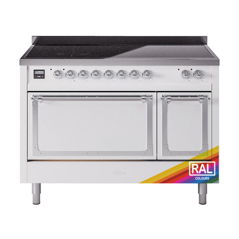 Induction range front with black cooktop, dual oven doors, chrome trim, and RAL badge