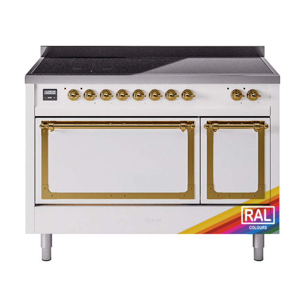 48-inch induction range front with brass-trim doors and control panel, close view