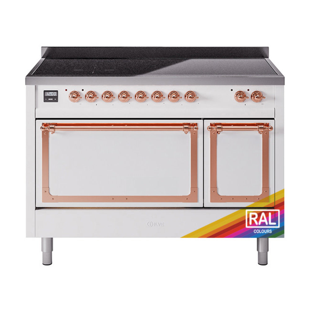 48-inch induction range with open oven door, copper rails, and front control knobs