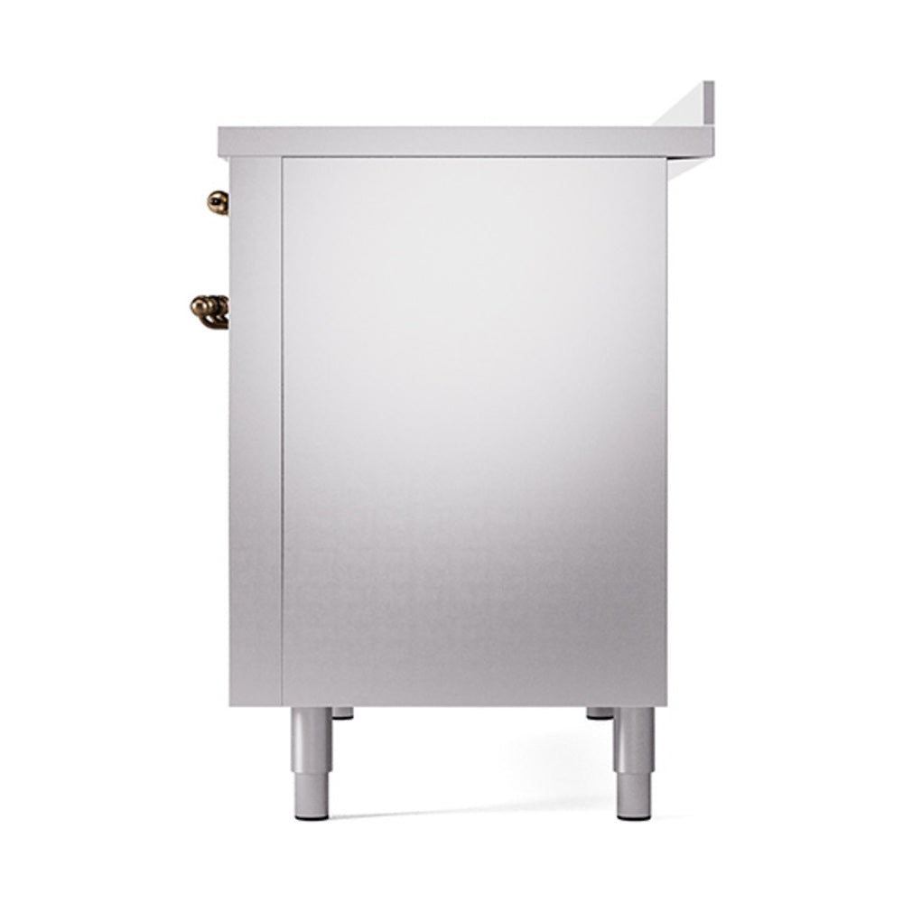 Stainless induction range side panel with two bronze handles and leveling feet