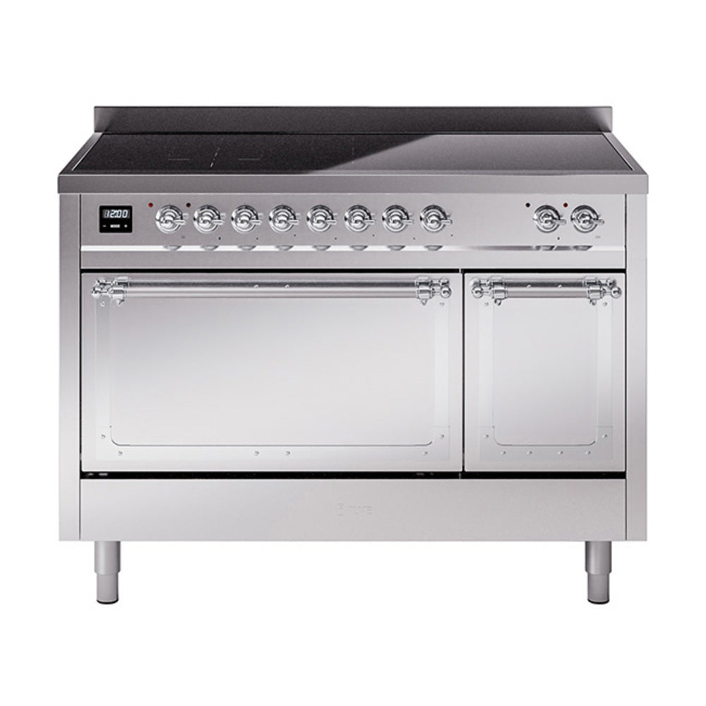 Stainless steel induction range with two oven doors and front control panel