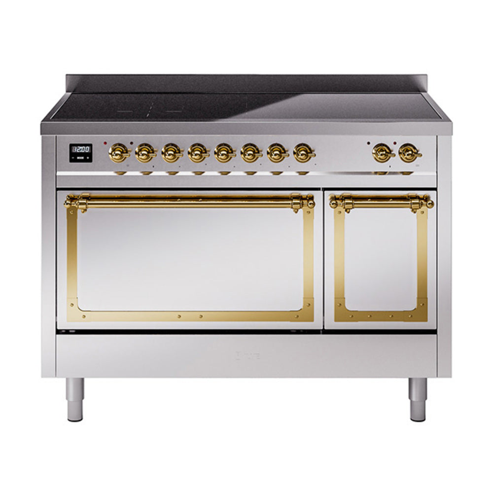Stainless steel induction range with open oven compartments and brass rails