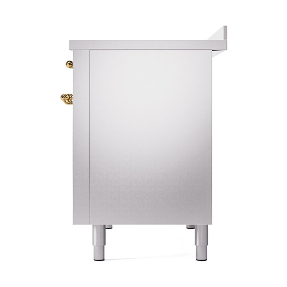 Stainless steel side panel of induction range with brass handle hardware