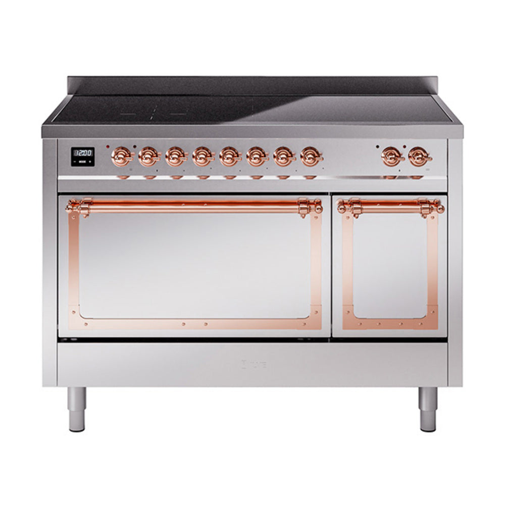 Stainless induction range with front dual oven doors open and copper-trim elements