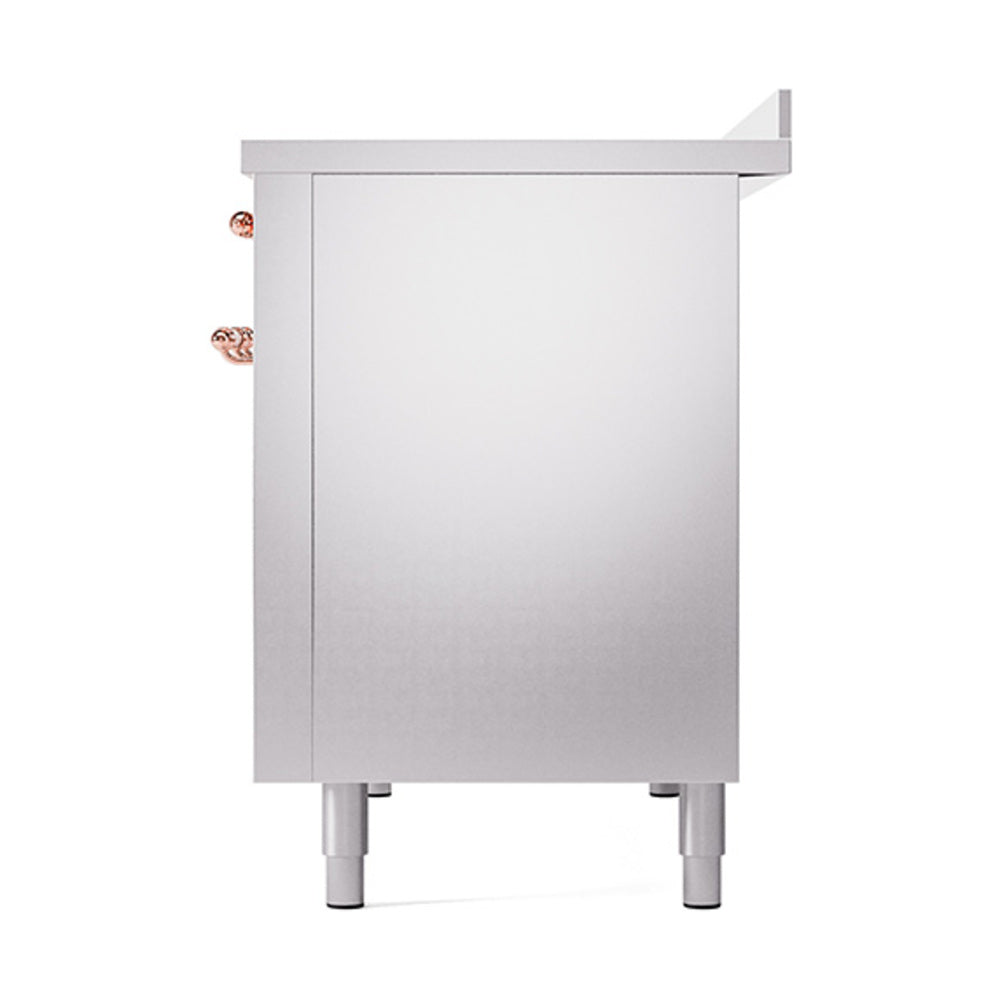 Stainless steel range rear panel with copper handle knobs and four feet