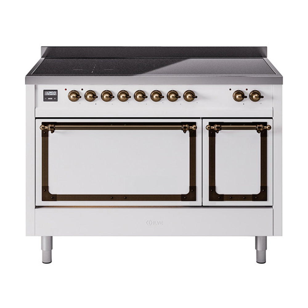 White induction range with two oven doors and bronze-finish control knobs