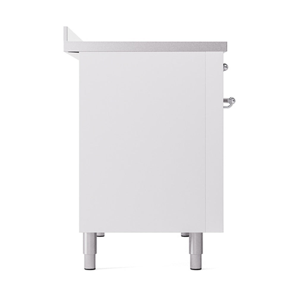 White 48-inch induction range with solid oven door panels and chrome-finished feet
