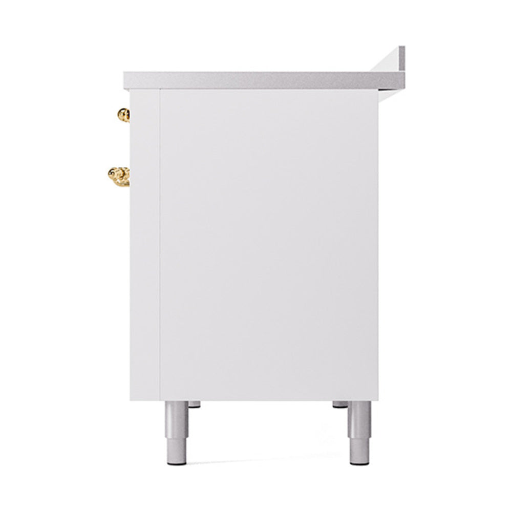 White solid oven cabinet door with brass hinges and raised side trim