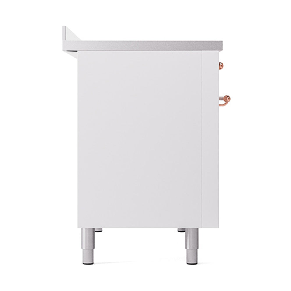 White side panel of solid-door oven with copper-trim handle and adjustable feet