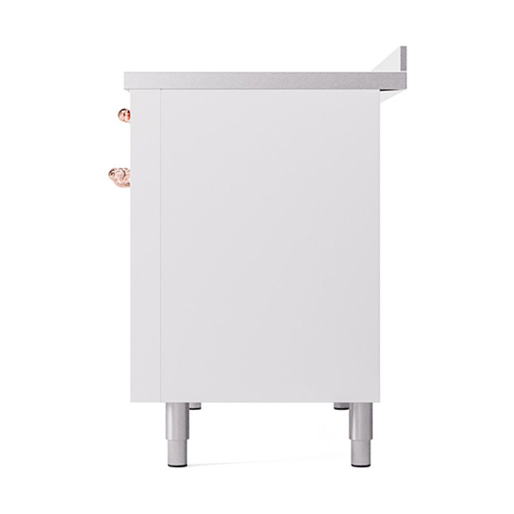 White oven base cabinet with copper-trim side knobs and four adjustable feet