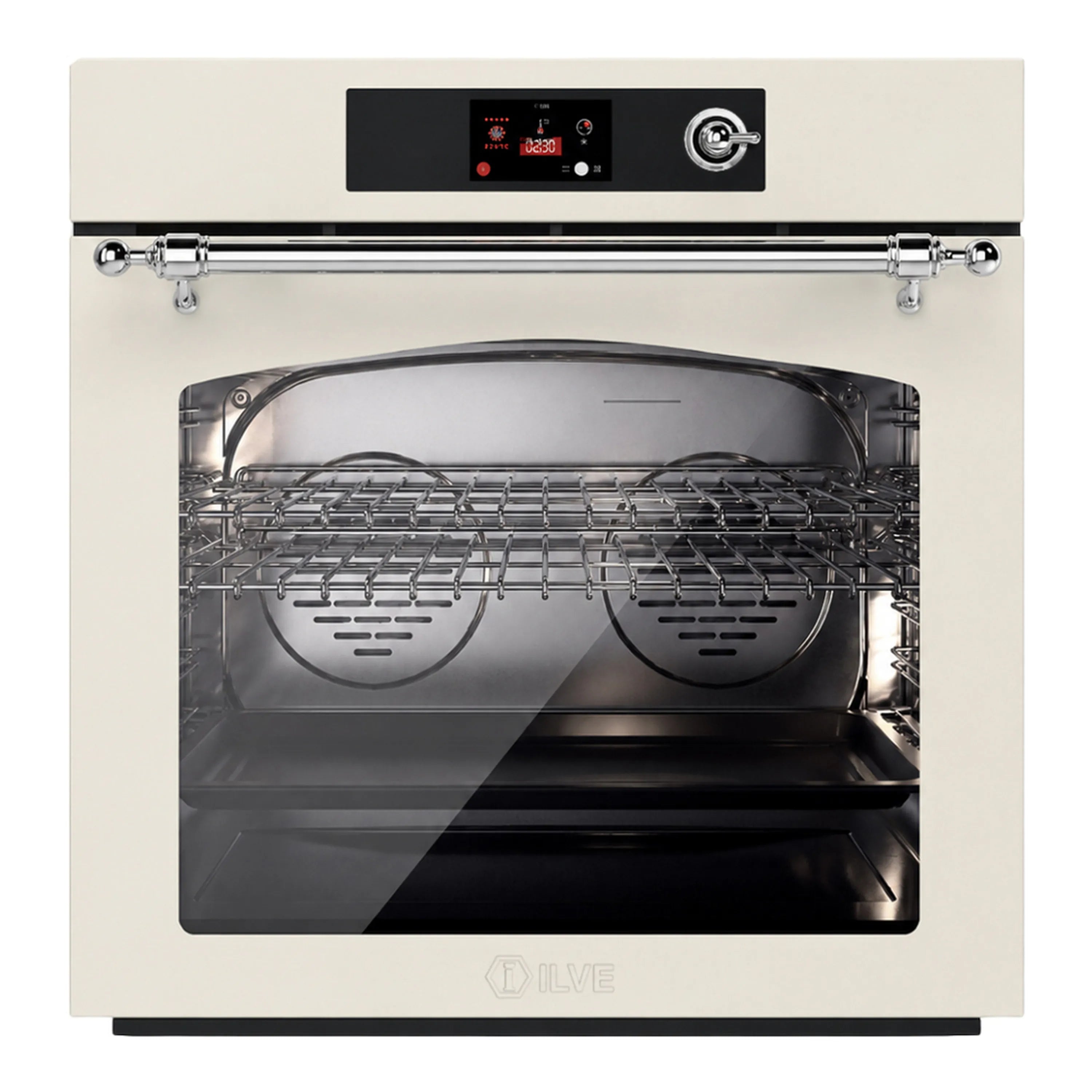 ILVE Nostalgie II 30-Inch Pyrolytic Single Wall Oven with 4.4 Cu. Ft. Capacity in Antique White with Chrome Trim (UOV30NTPYAWC)
