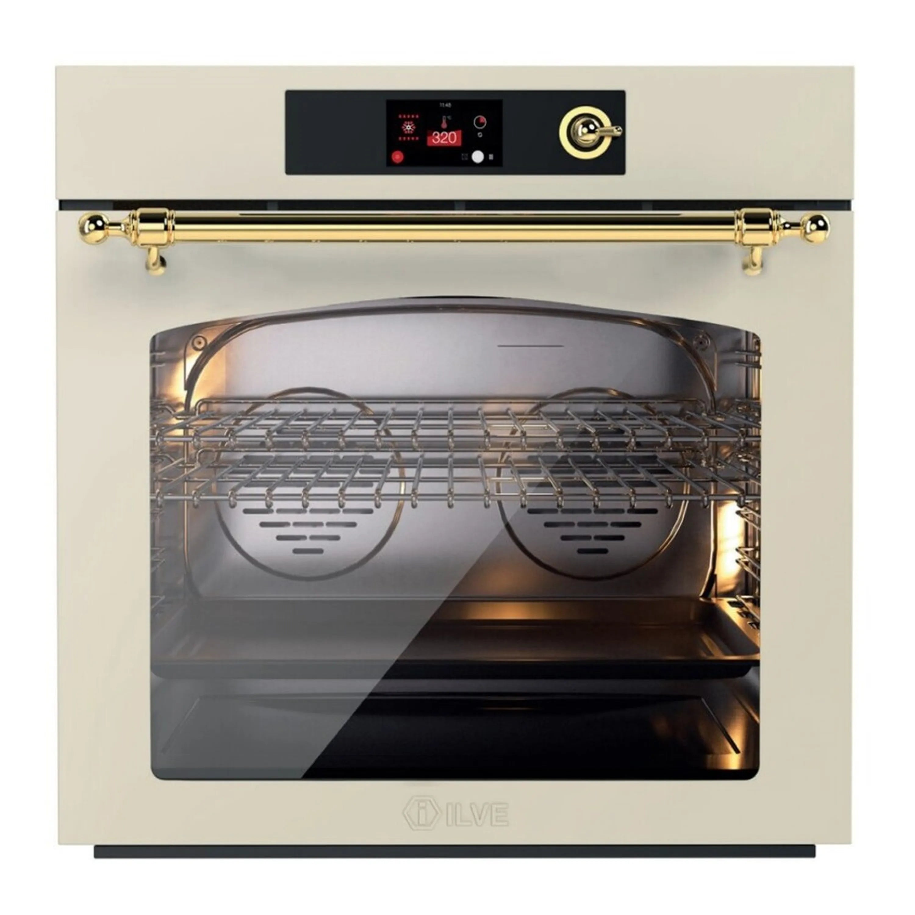 ILVE Nostalgie II 30-Inch Pyrolytic Single Wall Oven with 4.4 Cu. Ft. Capacity in Antique White with Brass Trim (UOV30NTPYAWG)