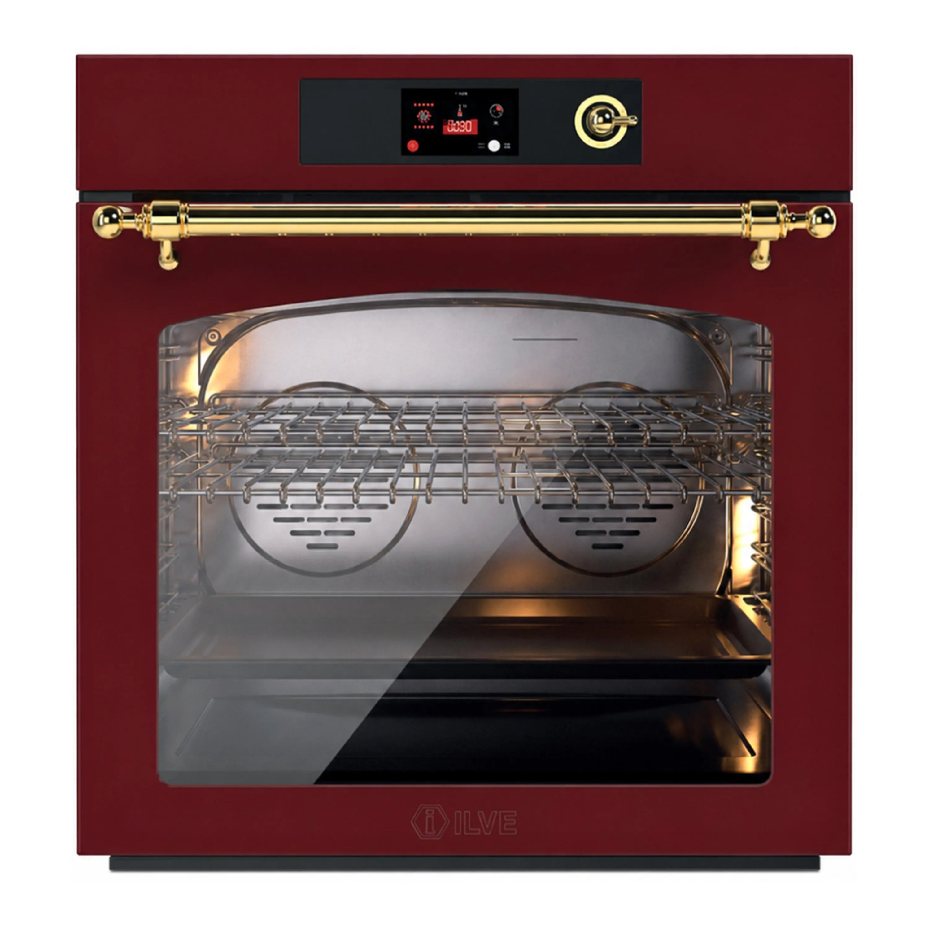 ILVE Nostalgie II 30-Inch Pyrolytic Single Wall Oven with 4.4 Cu. Ft. Capacity in Burgundy with Brass Trim (UOV30NTPYBUG)