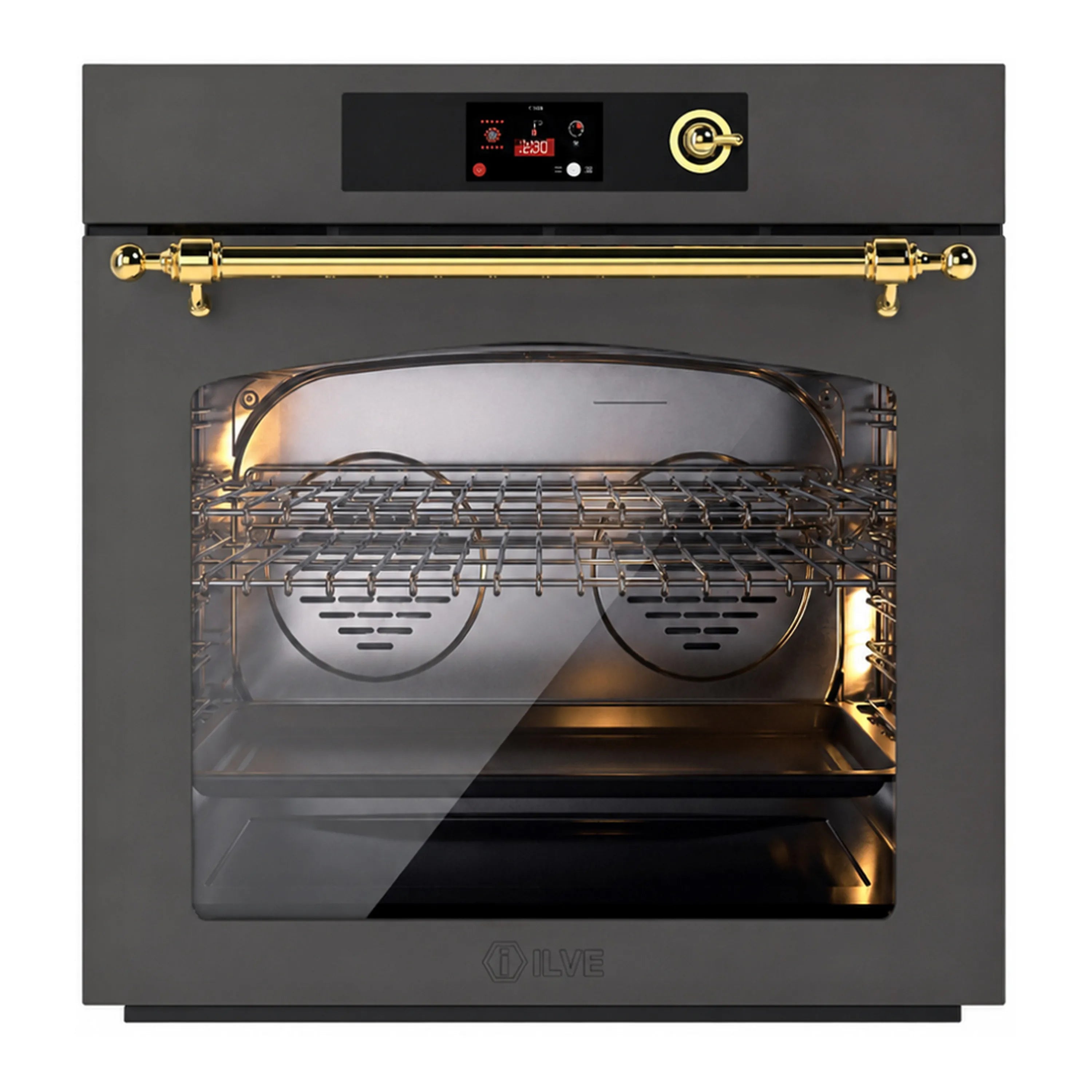 ILVE Nostalgie II 30-Inch Pyrolytic Single Wall Oven with 4.4 Cu. Ft. Capacity in Graphite Matte with Brass Trim (UOV30NTPYMGG)