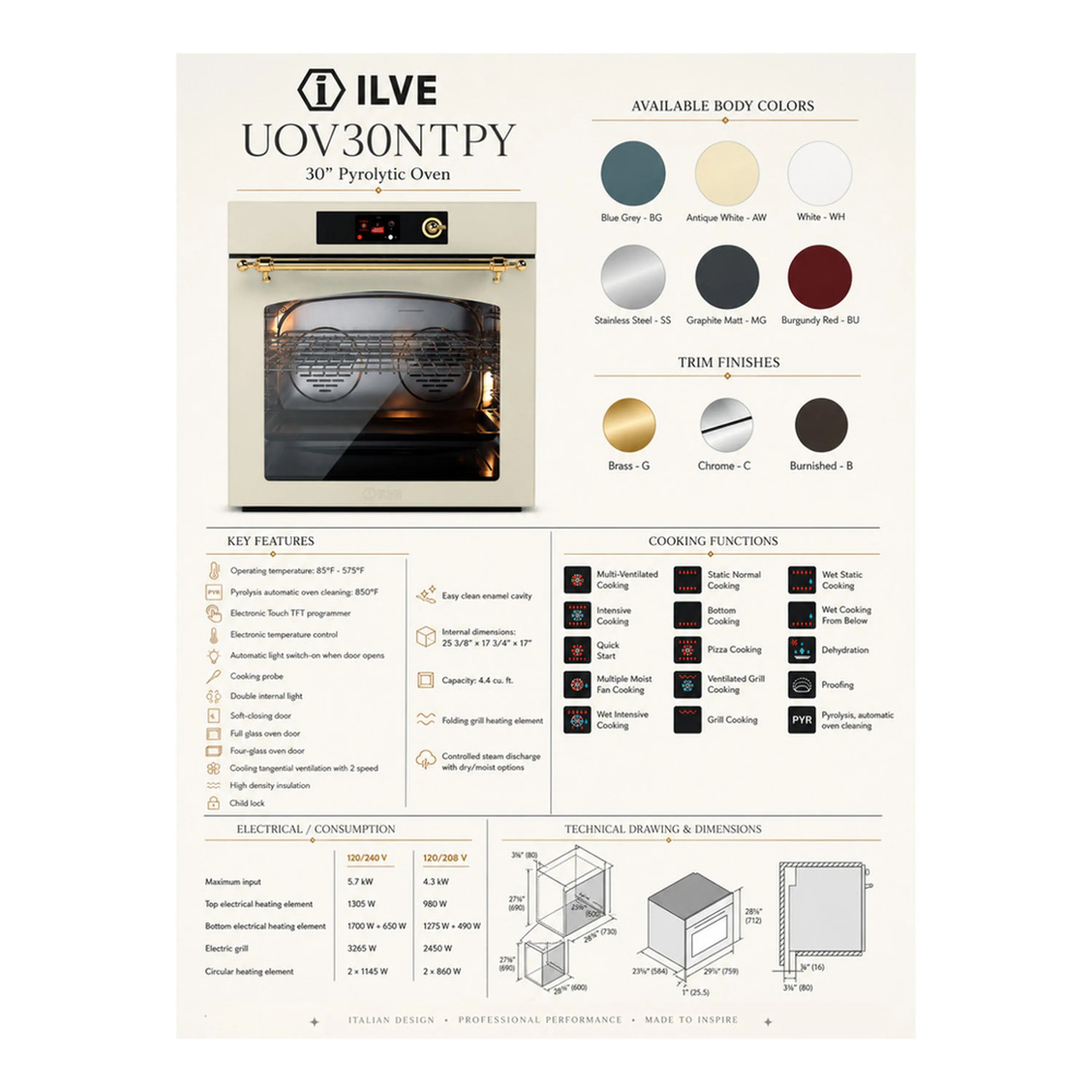 ILVE Nostalgie II 30-Inch Pyrolytic Single Wall Oven with 4.4 Cu. Ft. Capacity in White with Chrome Trim (UOV30NTPYWHC)