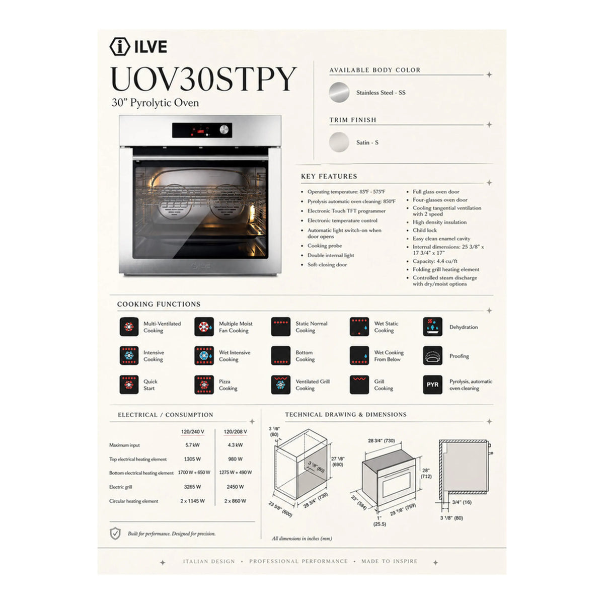 ILVE UOV30STPY single wall oven spec sheet with cooking functions and technical charts