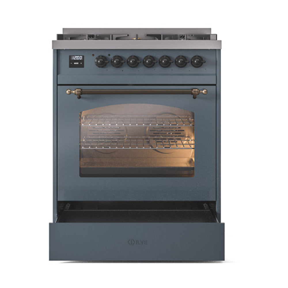 Blue-grey dual fuel range with oven door open and bronze handle across the front
