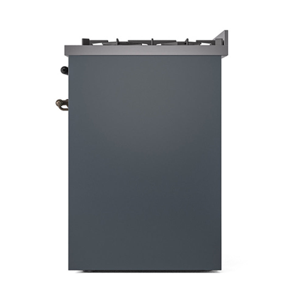 Blue grey dual fuel range back-right side view with rear vent and connection ports