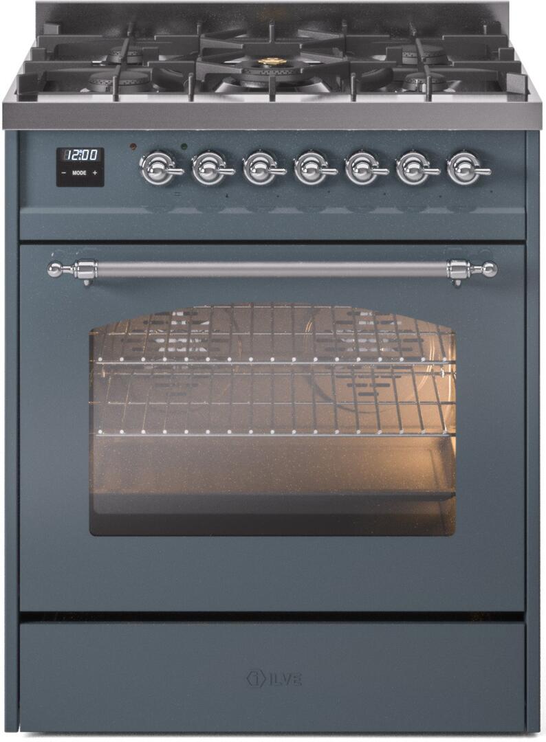 ILVE Nostalgie II 30-Inch Dual Fuel Freestanding Range in Blue Grey with Chrome Trim (UP30NMPBGC)