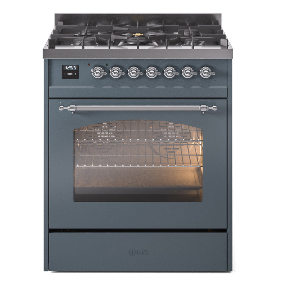 Blue grey freestanding dual fuel range with lit oven interior and chrome control panel