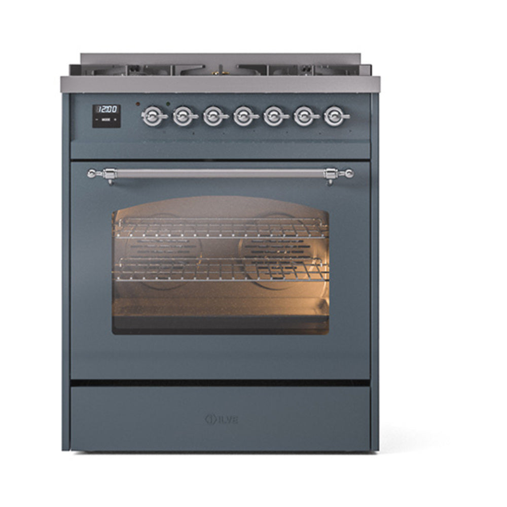 Blue grey freestanding dual fuel range with chrome trim, windowed oven door, control knobs