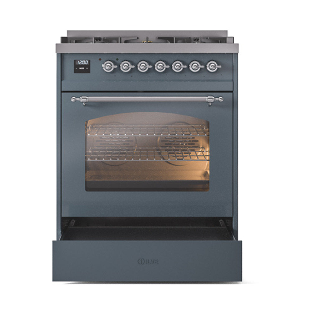 Freestanding dual-fuel range front view with oven door open and glowing bake element
