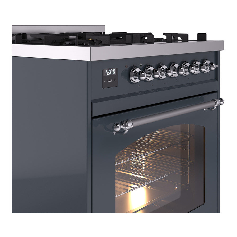 Freestanding dual-fuel range side view with control knobs and oven window
