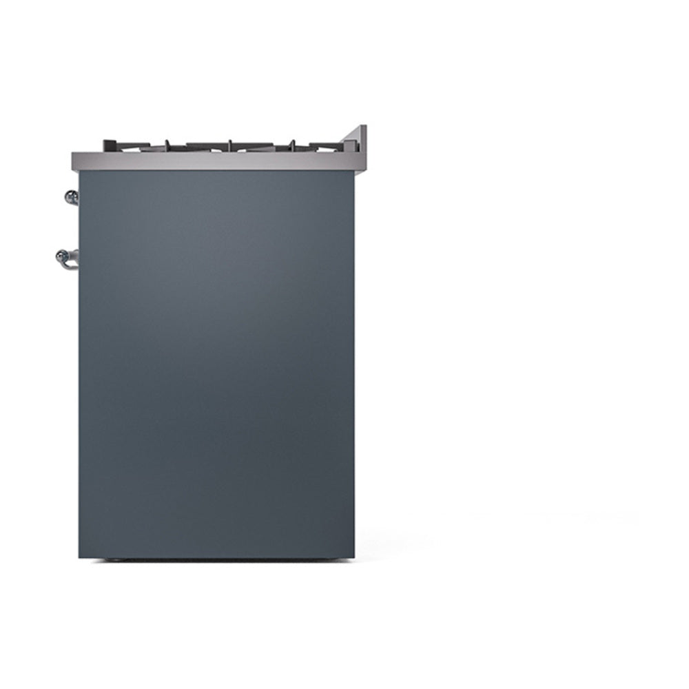 Blue grey rear or side panel of freestanding dual fuel range, cooktop base visible