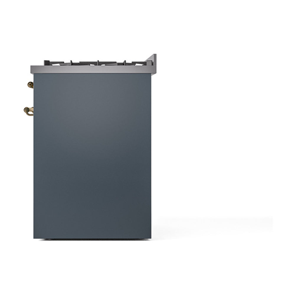 Blue grey freestanding dual fuel range with brass handle and knobs, three-quarter view.